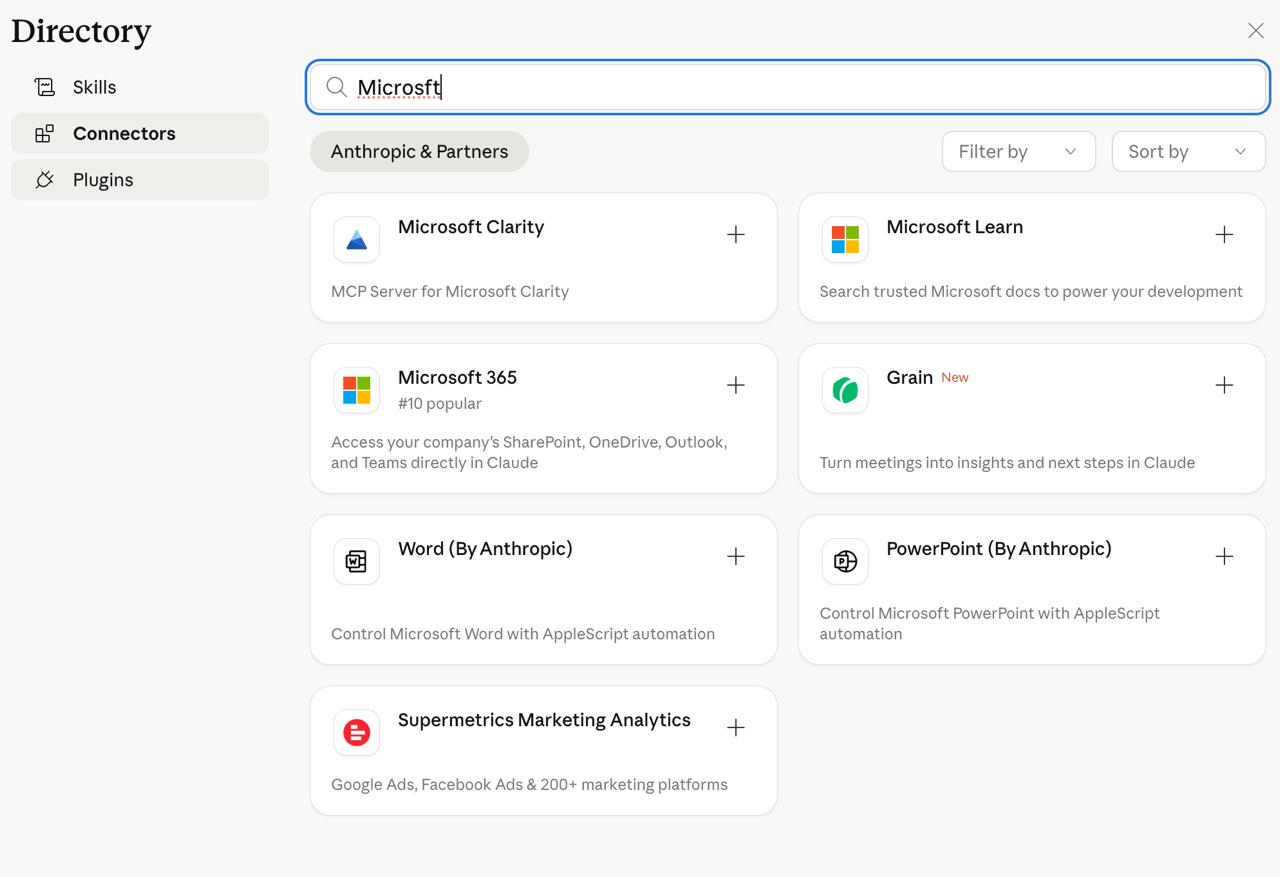 Claude directory showing Connectors search results for Microsoft